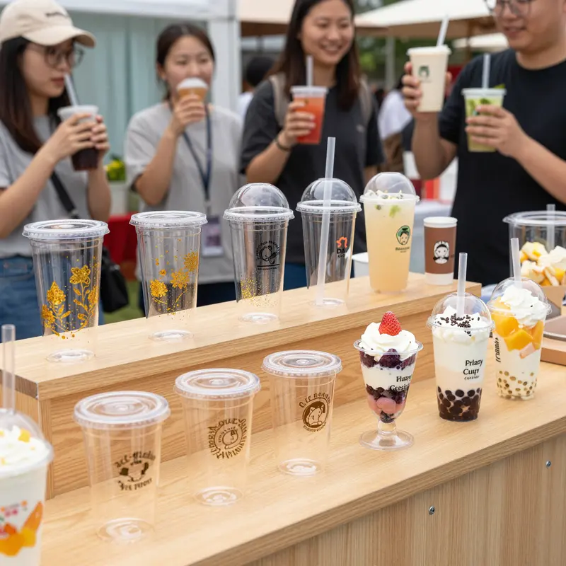 Various designs and sizes of fancy clear plastic party cups enhance presentation and functionality for diverse beverage needs.