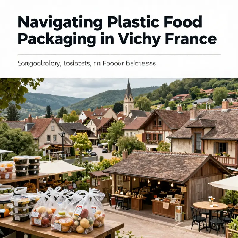 A scenic image of Vichy, France, with food establishments highlighting the use of modern plastic food packaging.