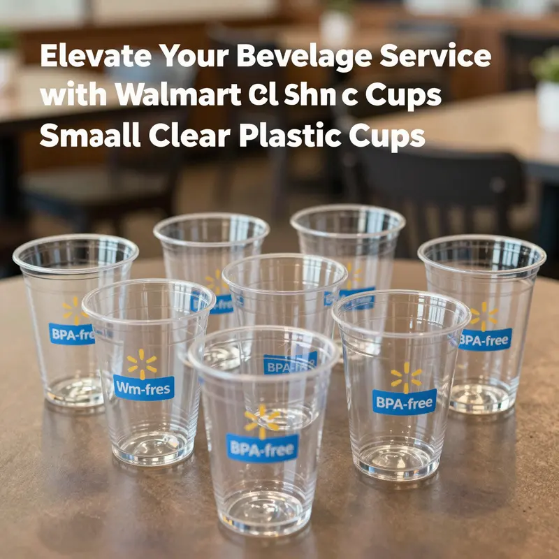 Product overview of Walmart’s Small Clear Plastic Cups highlighting features and specifications.