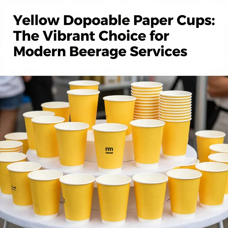 A collection of yellow disposable paper cups at an outdoor event, highlighting their attractiveness and application in beverage service.