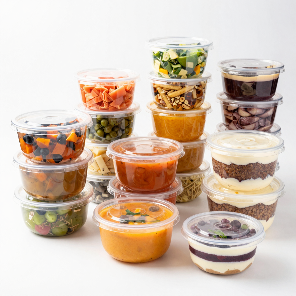 32oz plastic soup containers with lids showcasing various food items.
