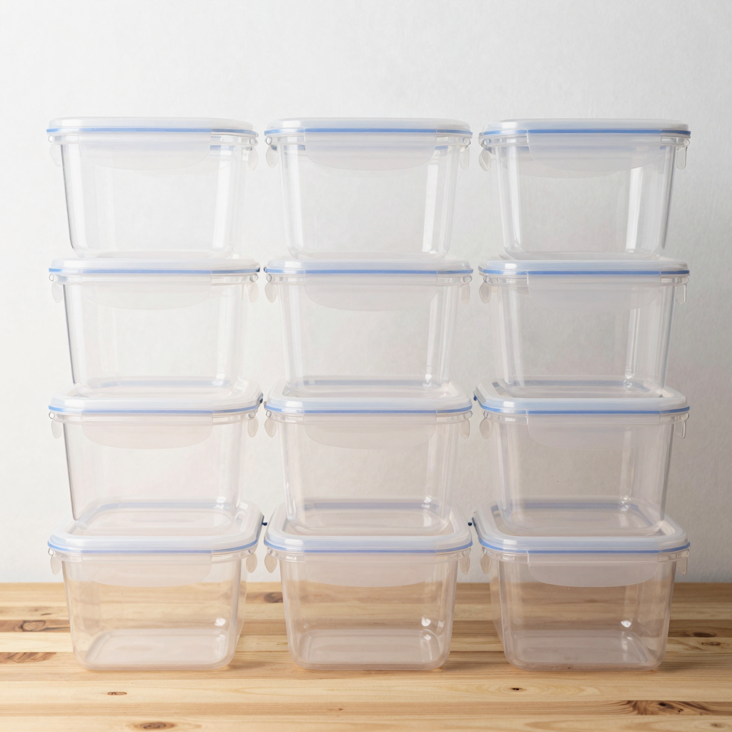 8x12 plastic food storage containers arranged for display