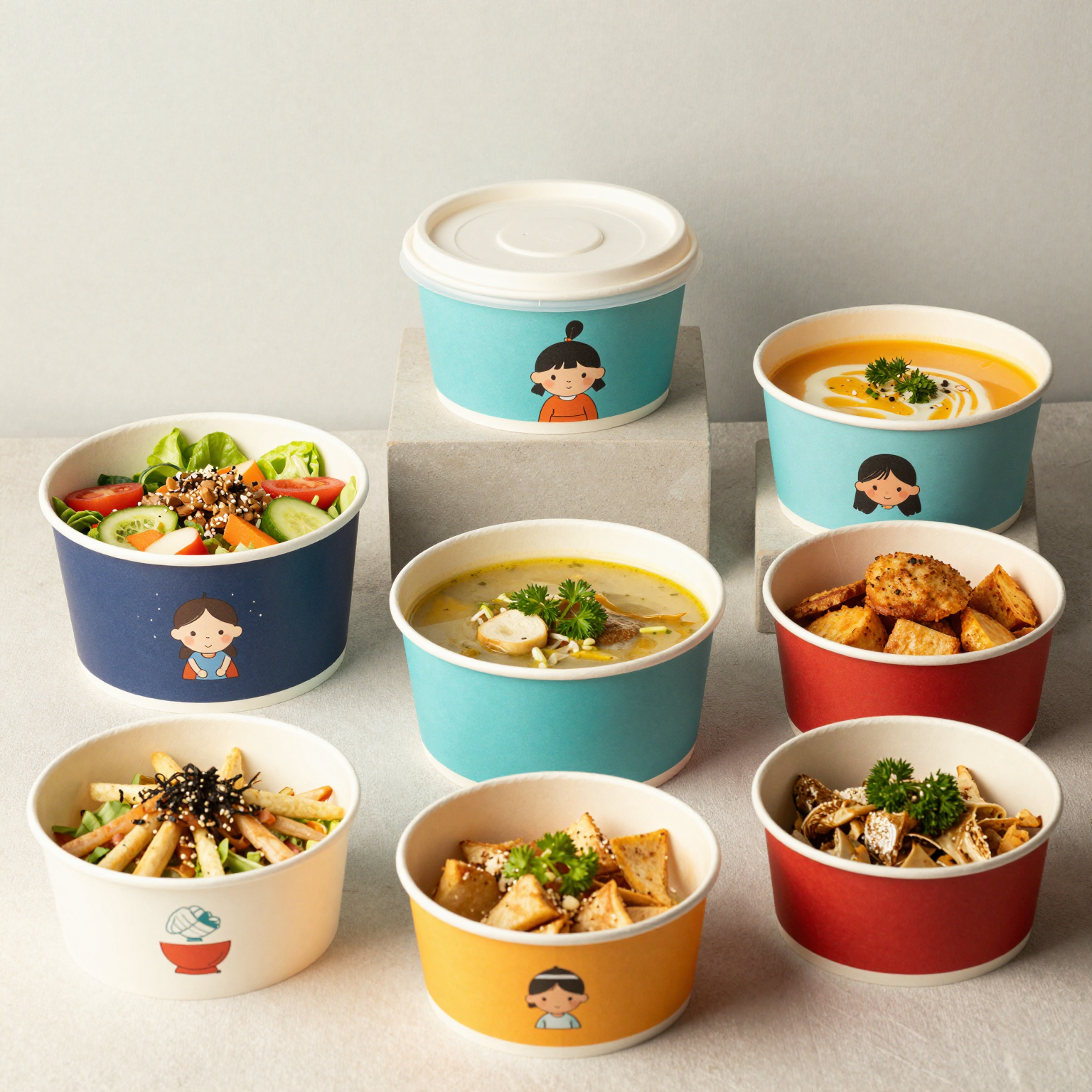 Various designs and styles of bowl paper food containers