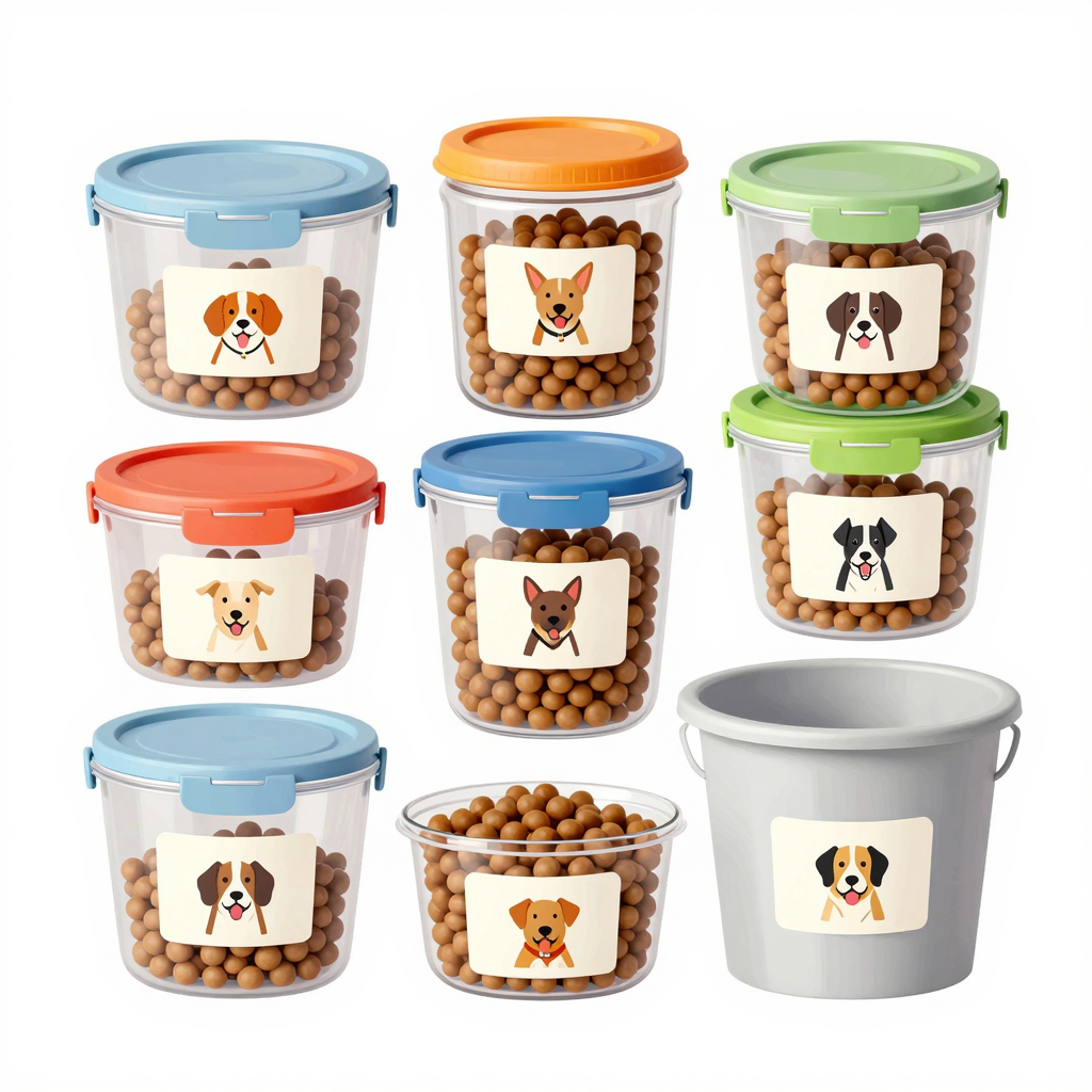 Various types of plastic containers suitable for dog food storage