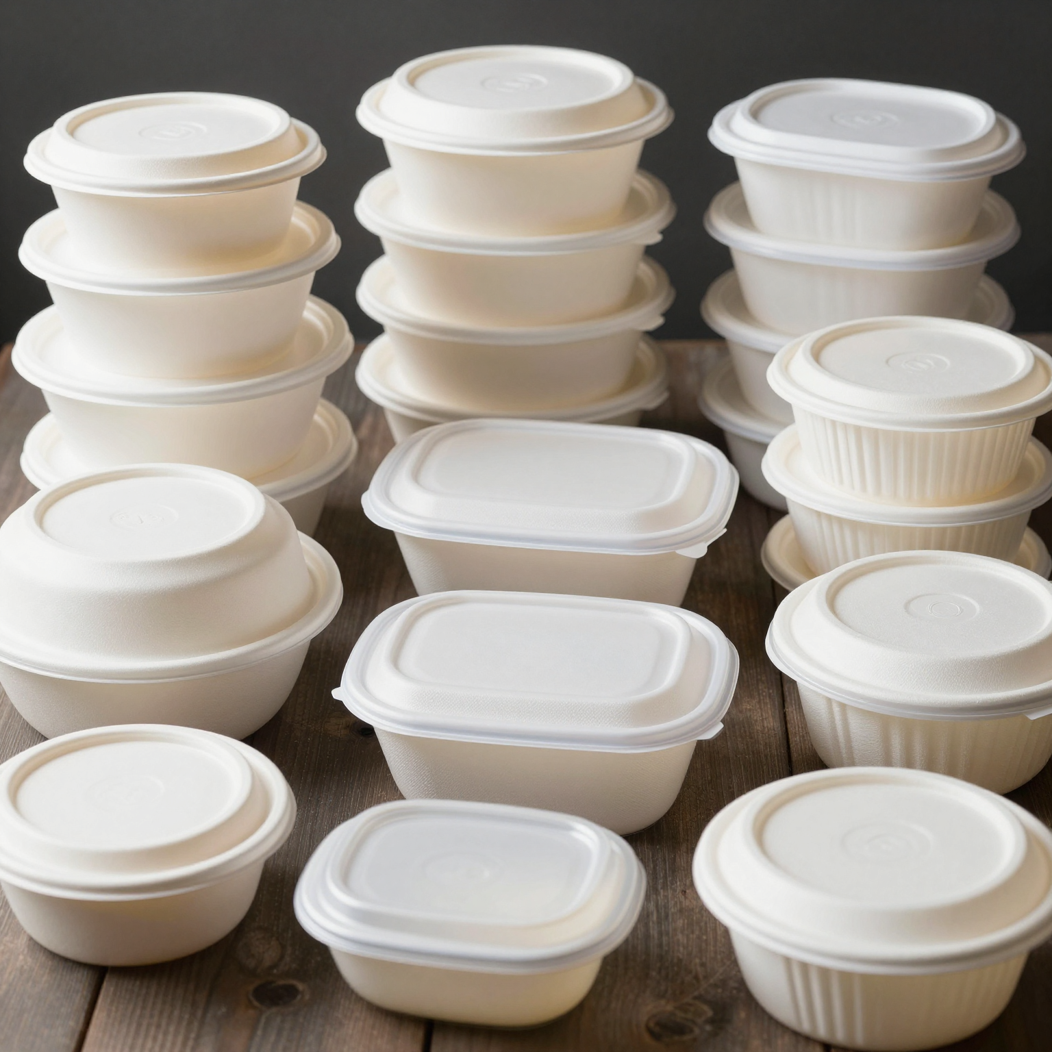 A collection of different types of disposable plastic food containers