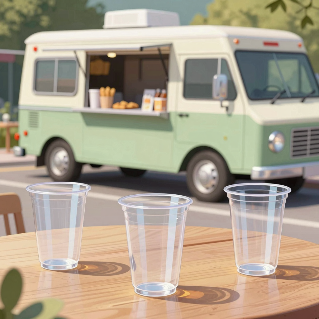 Illustration of various clear plastic communion cups being used in different settings like food trucks, events, and restaurants.
