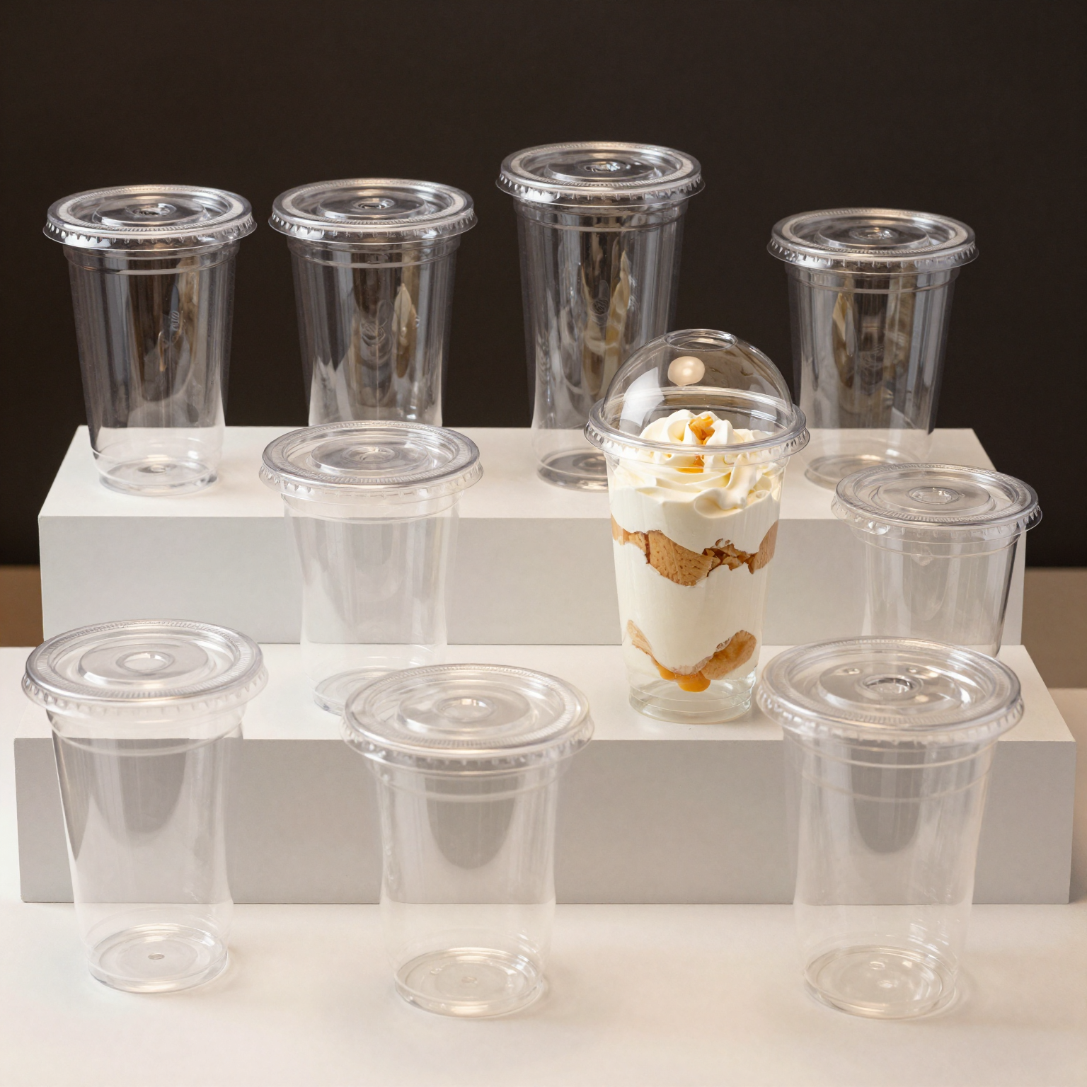 A variety of clear plastic cups with lids