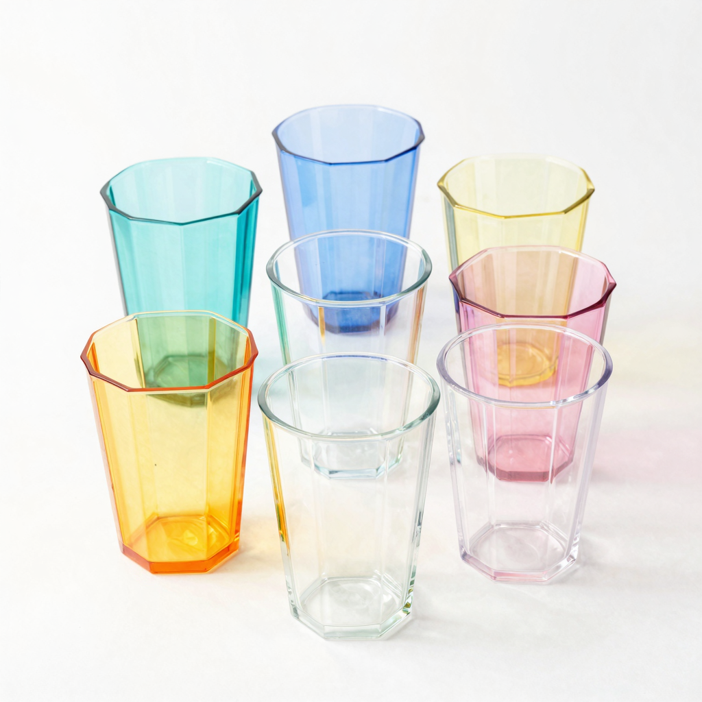 A vibrant and colorful arrangement of clear plastic cups with 9 sides