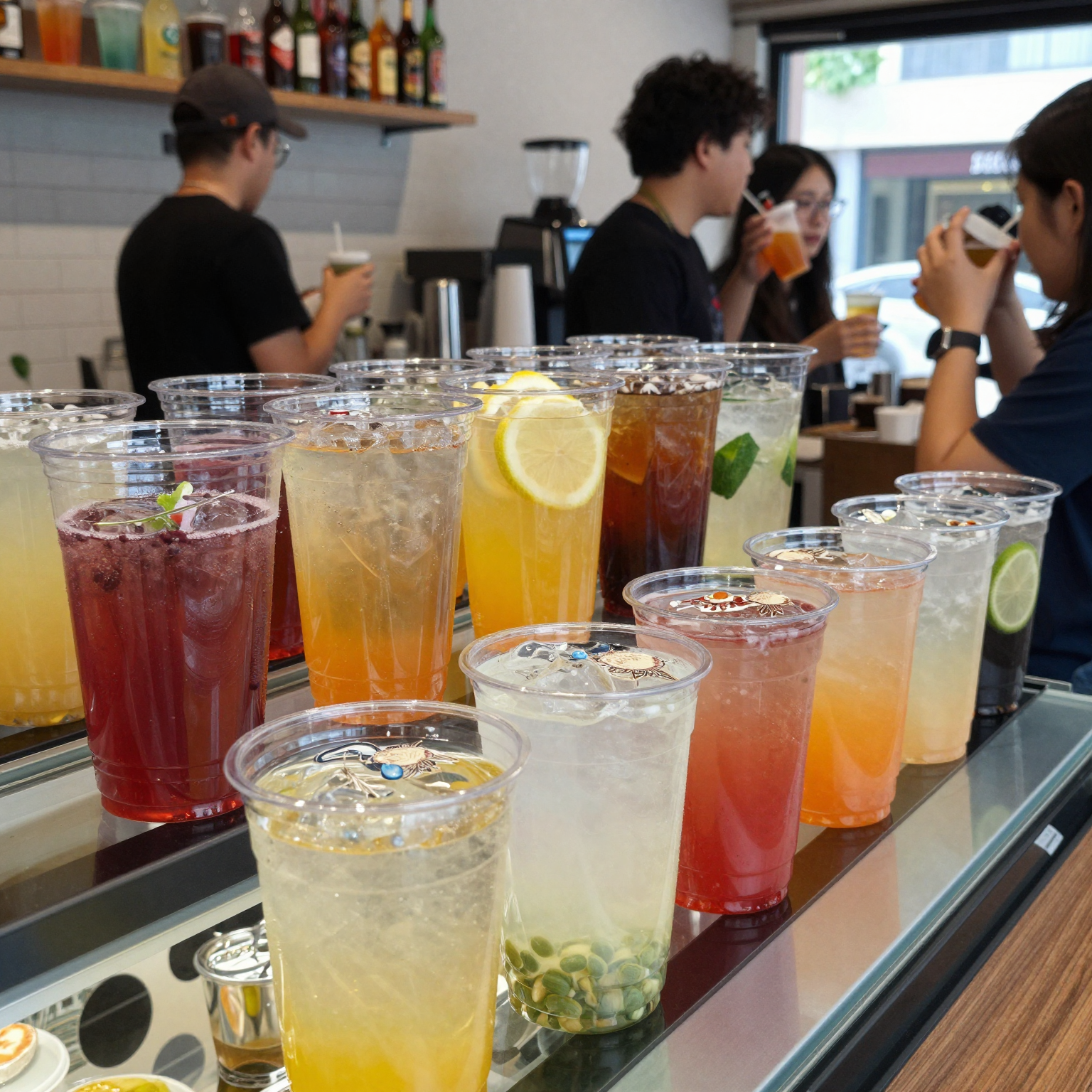 Clear plastic hurricane cups displayed at a beverage shop