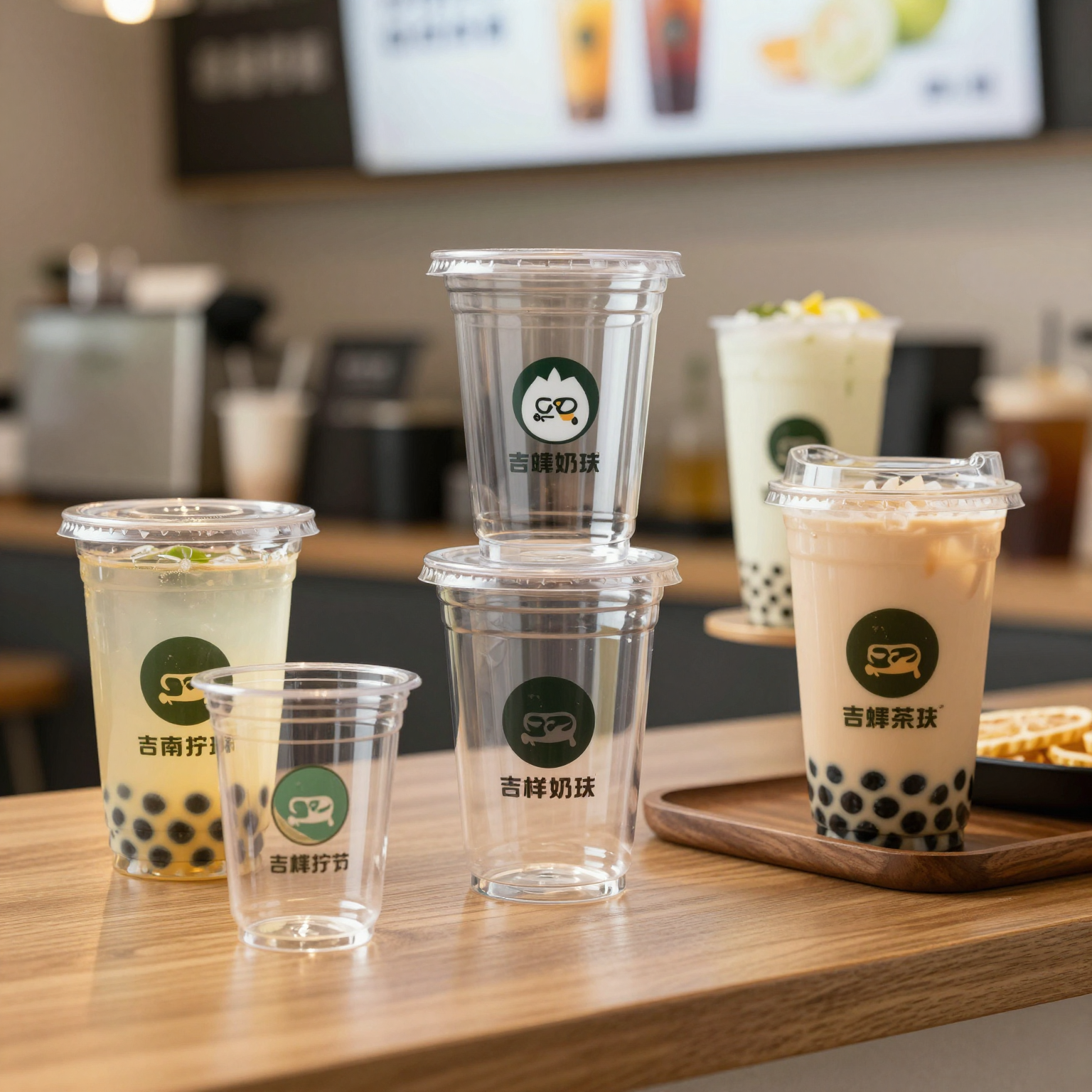 Clear plastic drinking cups in various beverage settings