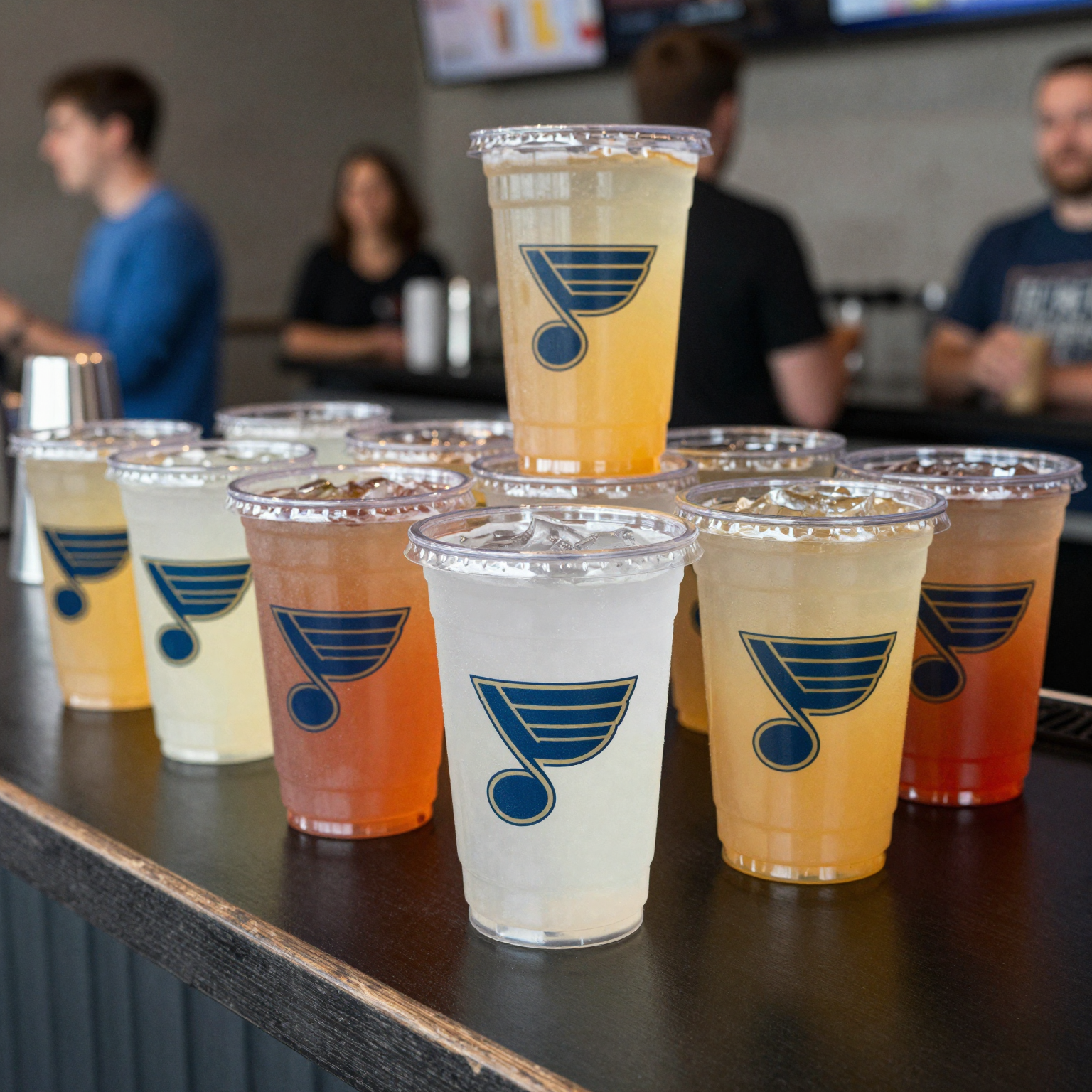 A collection of clear plastic drinking cups featuring the St. Louis Blues logo, displayed on a bar counter.