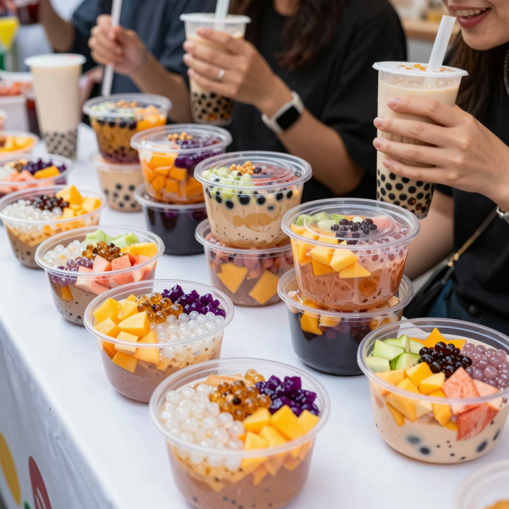 Clear plastic bowls in use at a lively bubble tea shop