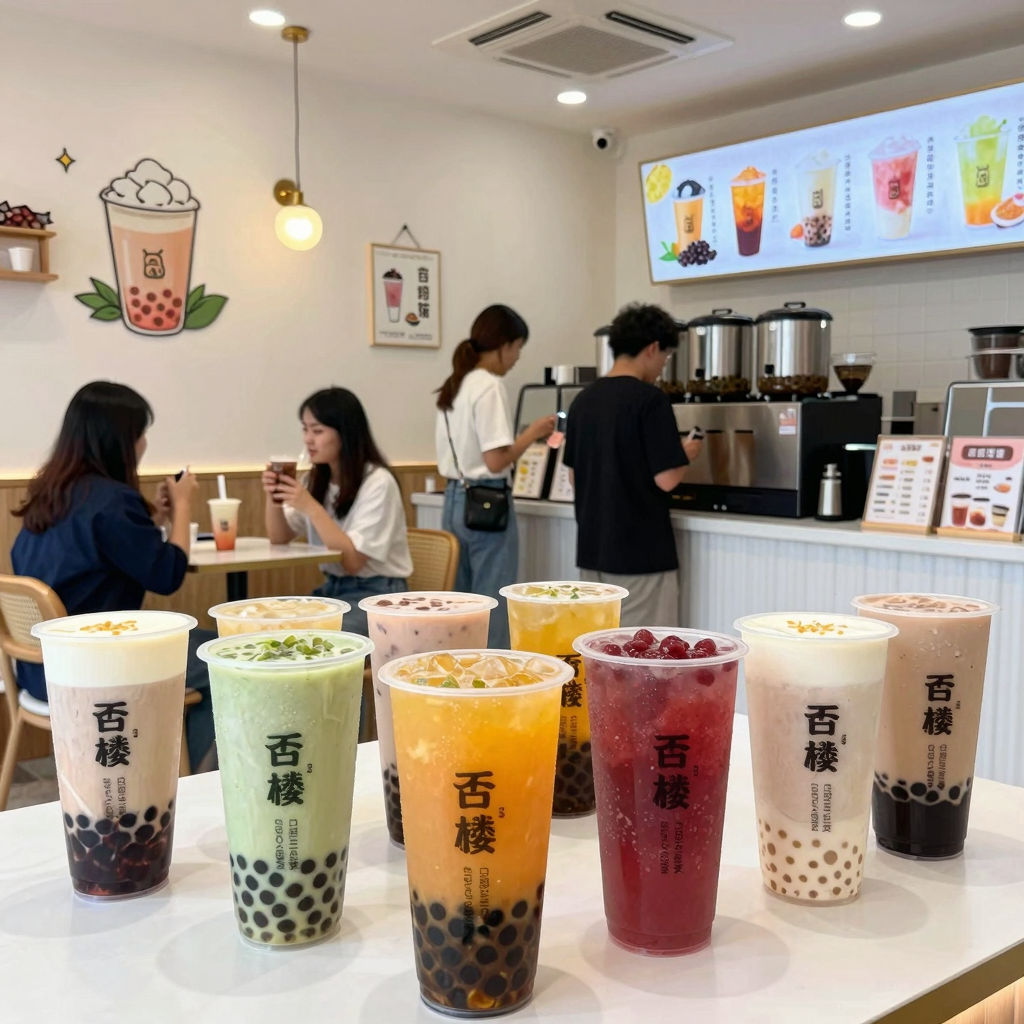 Bubble Tea Shop Interior with Disposable Paper Bowls