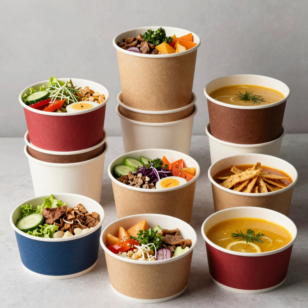 A variety of disposable paper bowls showcasing unique designs, colors, and textures, emphasizing their usability in food service such as catering, restaurants, and food trucks.