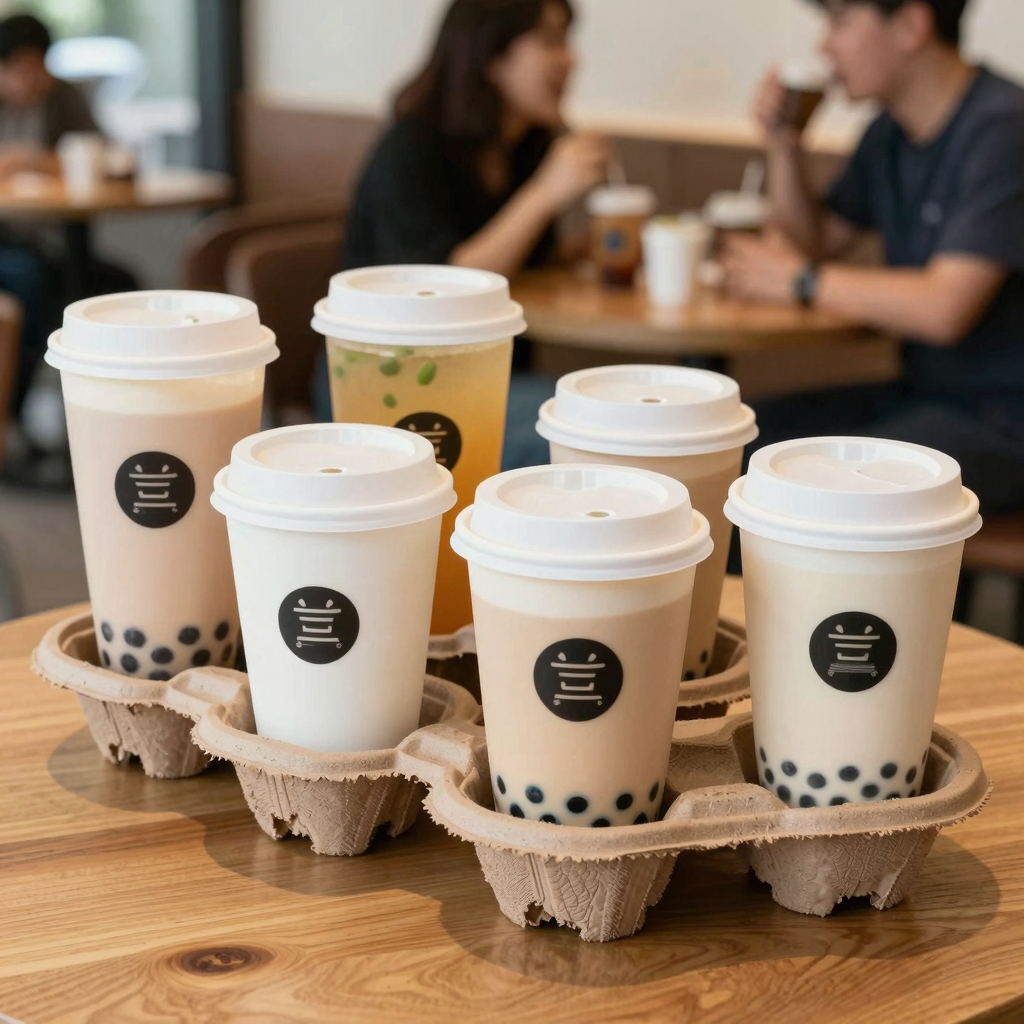 Happy customers using disposable paper coffee cup holders in a café setting.