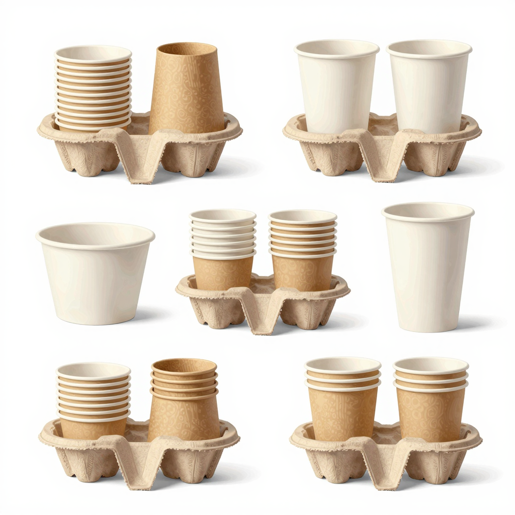 An illustration of various disposable packaging products focusing on paper cup holders, showcasing their role in food and beverage service with a clean and professional design.