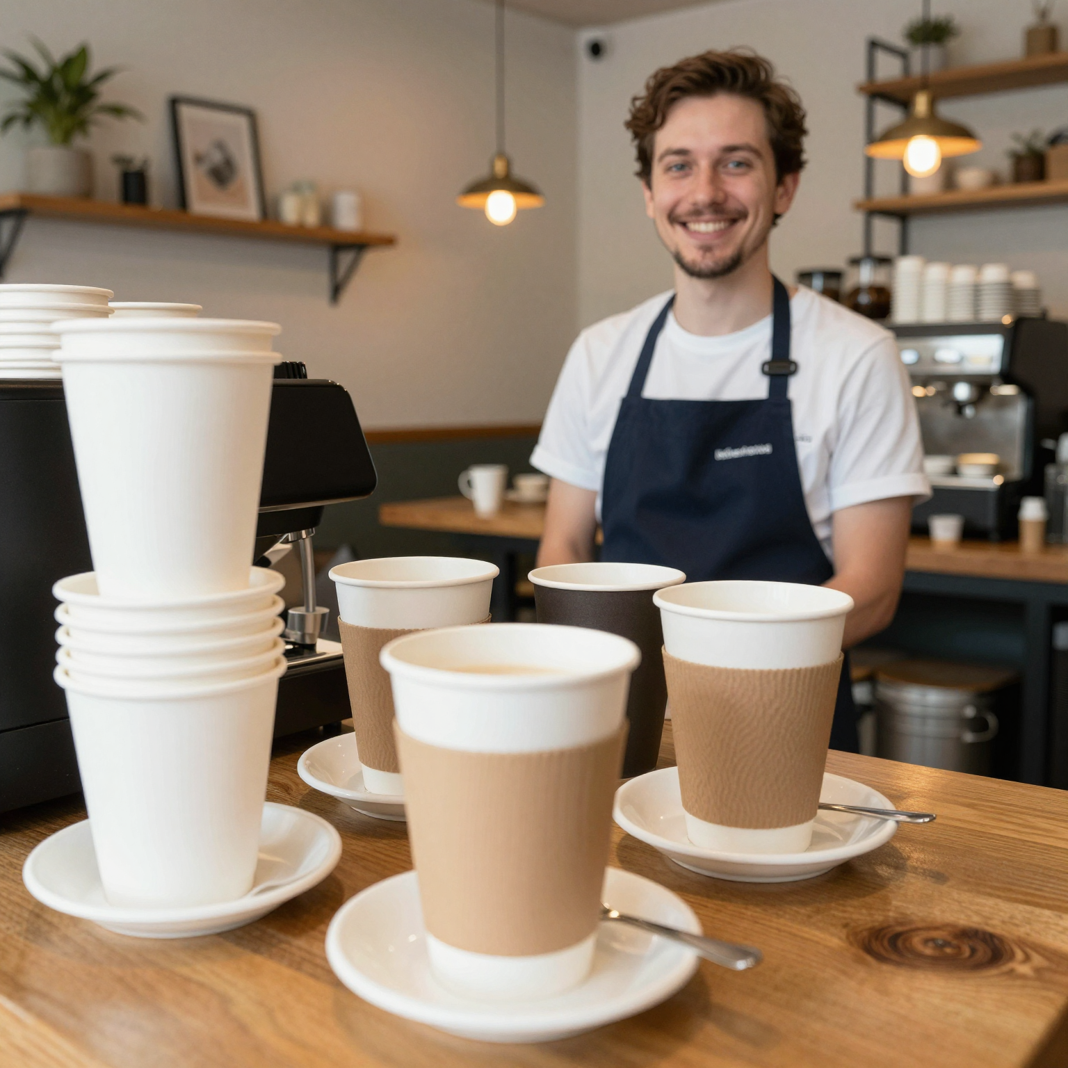A vibrant cafe setting with disposable paper tea cups and saucers