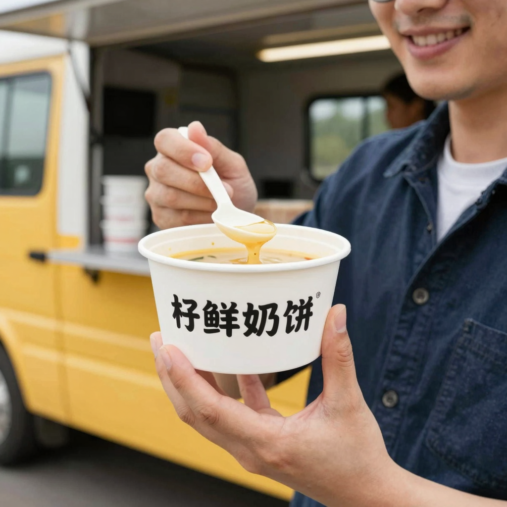Happy Customer with Disposable Soup Bowl