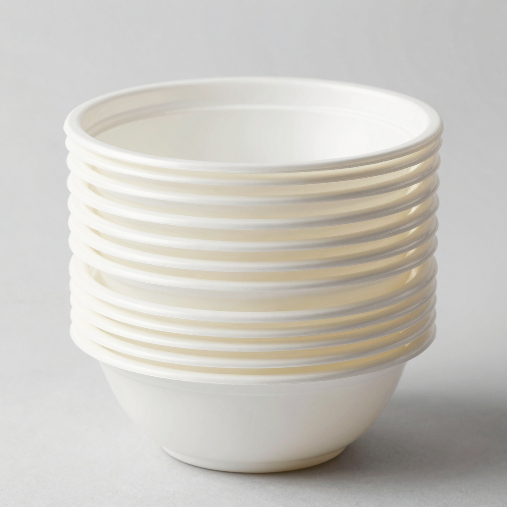 A stack of disposable plastic soup bowls arranged neatly