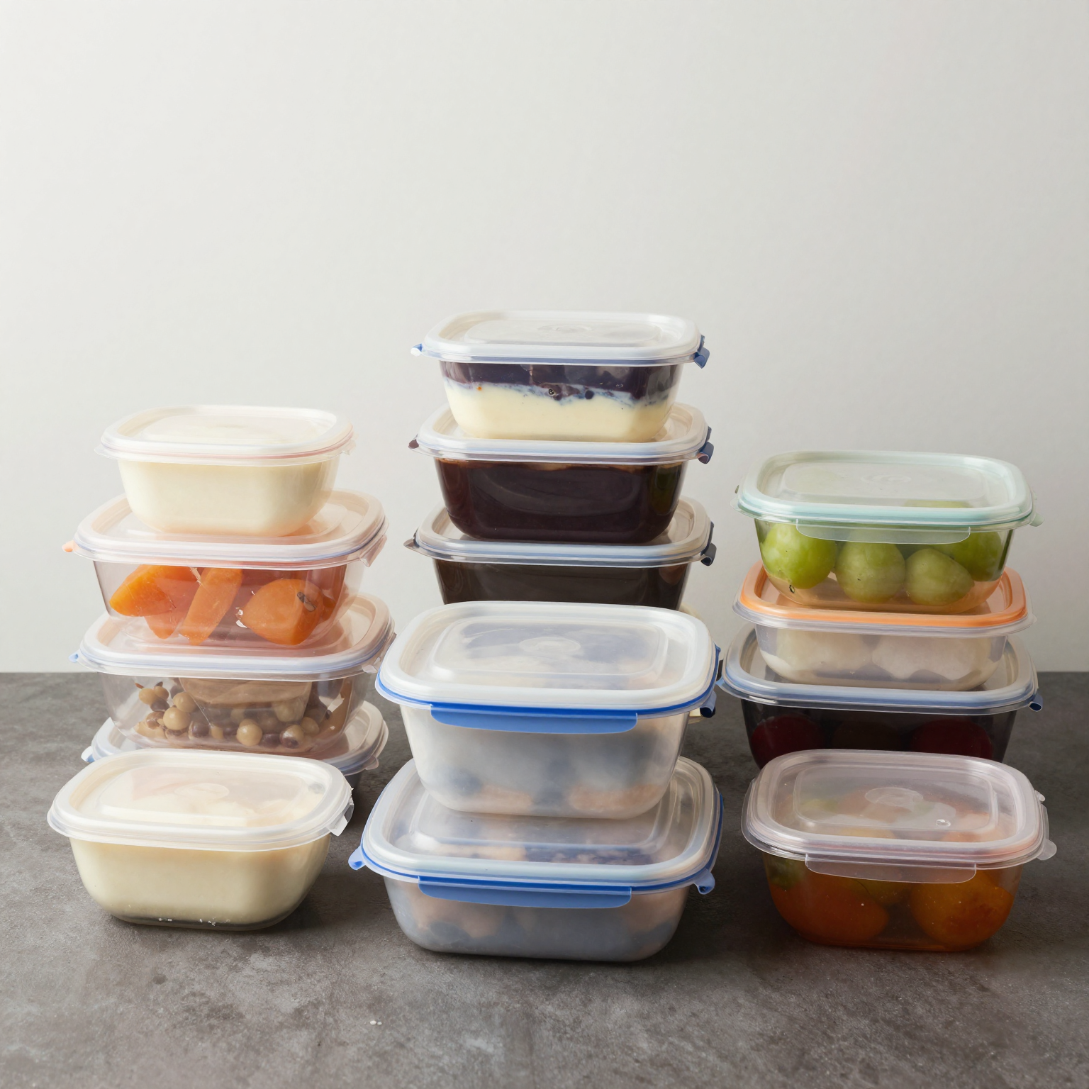 Various types of plastic food containers used in commercial settings like food trucks and restaurants.
