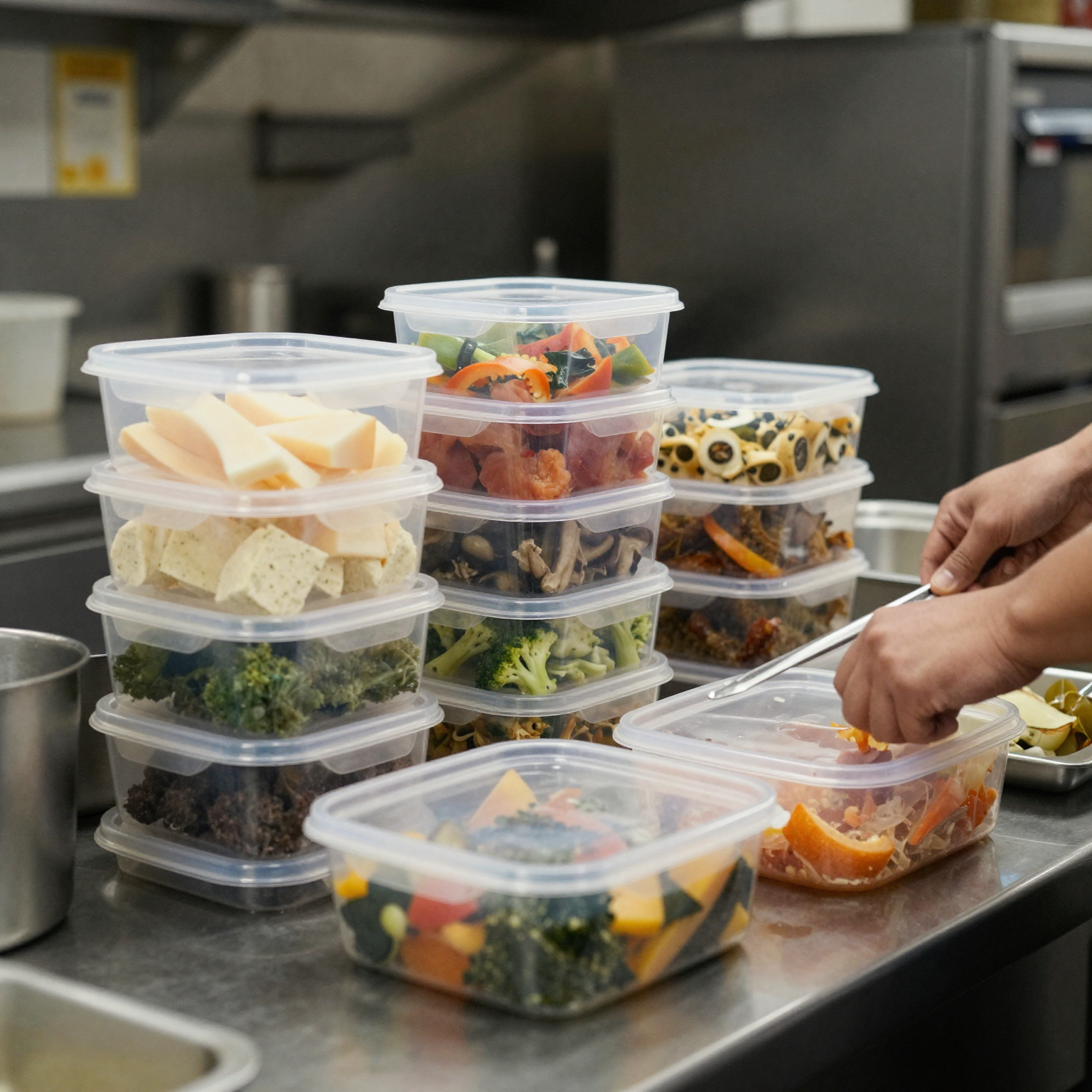 Food-grade clear PET plastic containers in use in a restaurant kitchen setting