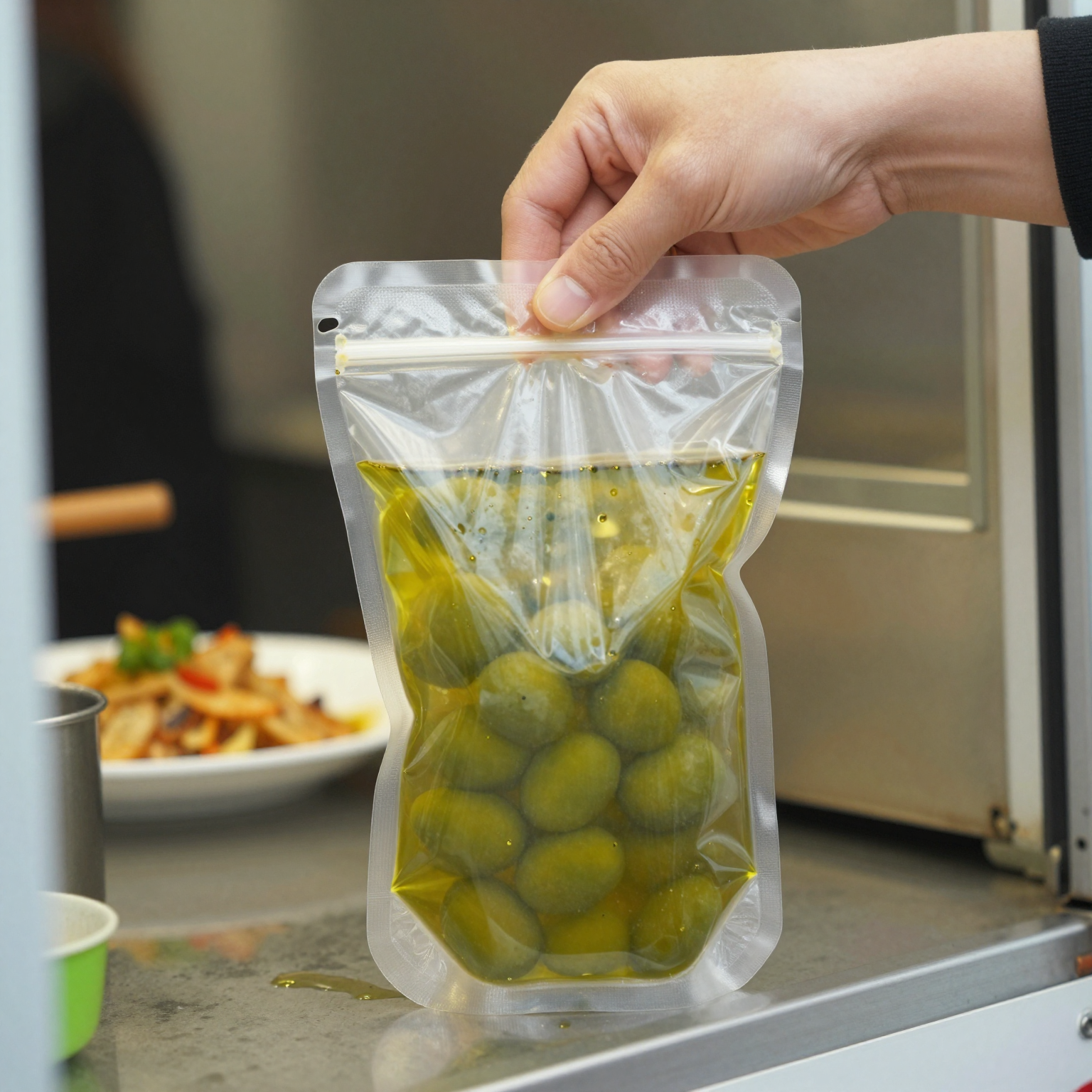 Disposable olive oil aseptic bag in use at a restaurant setting