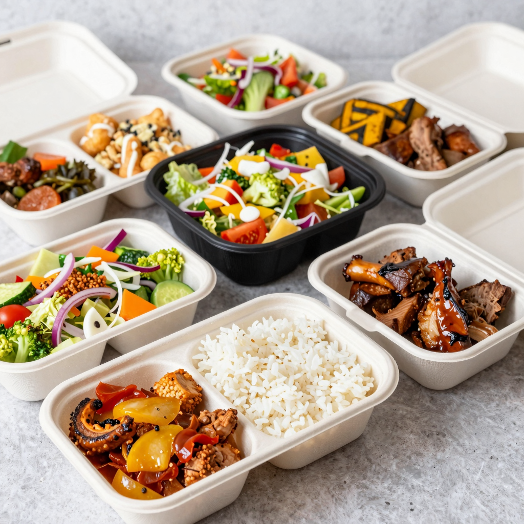 Vibrant food items in large 3-division takeaway food boxes