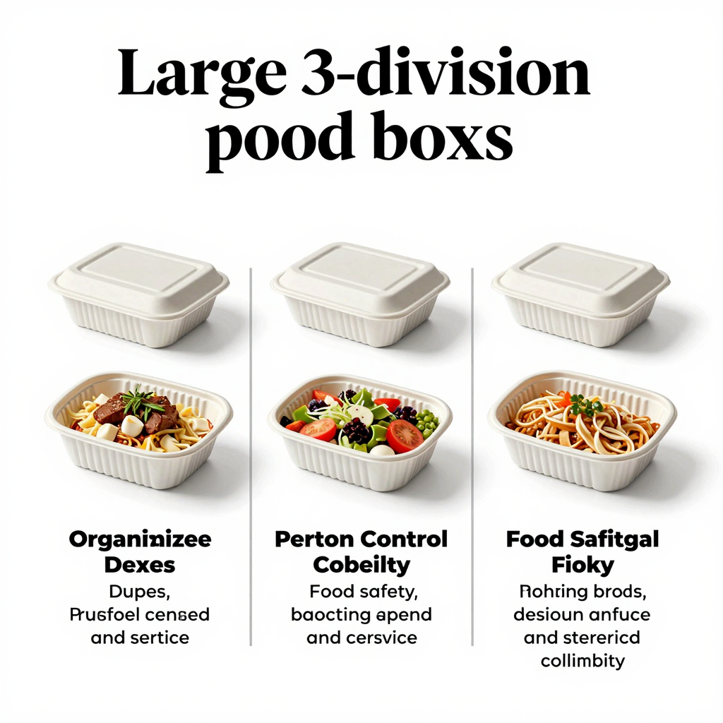 Infographic on the advantages of large 3-division takeaway food boxes