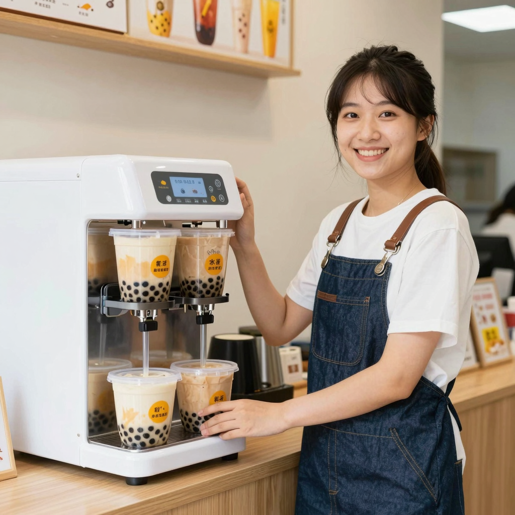A happy bubble tea shop owner using a low price plastic food container making machine.