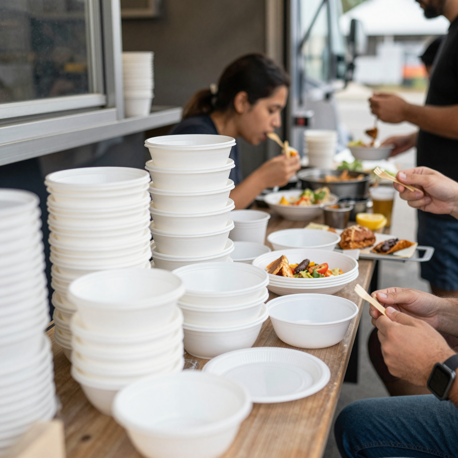 Variety of disposable tableware products in a bustling food truck environment
