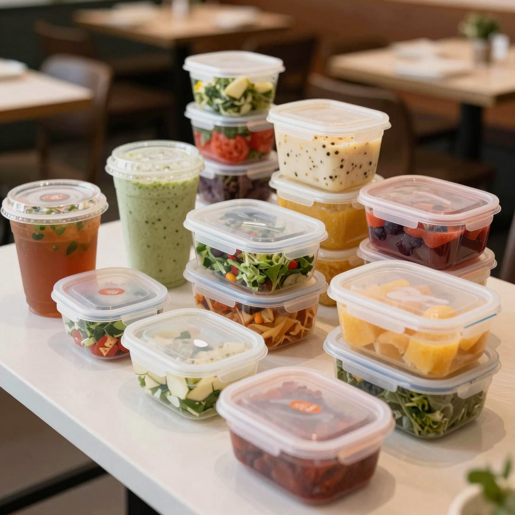 Array of colorful plastic food containers in use showcasing various food items