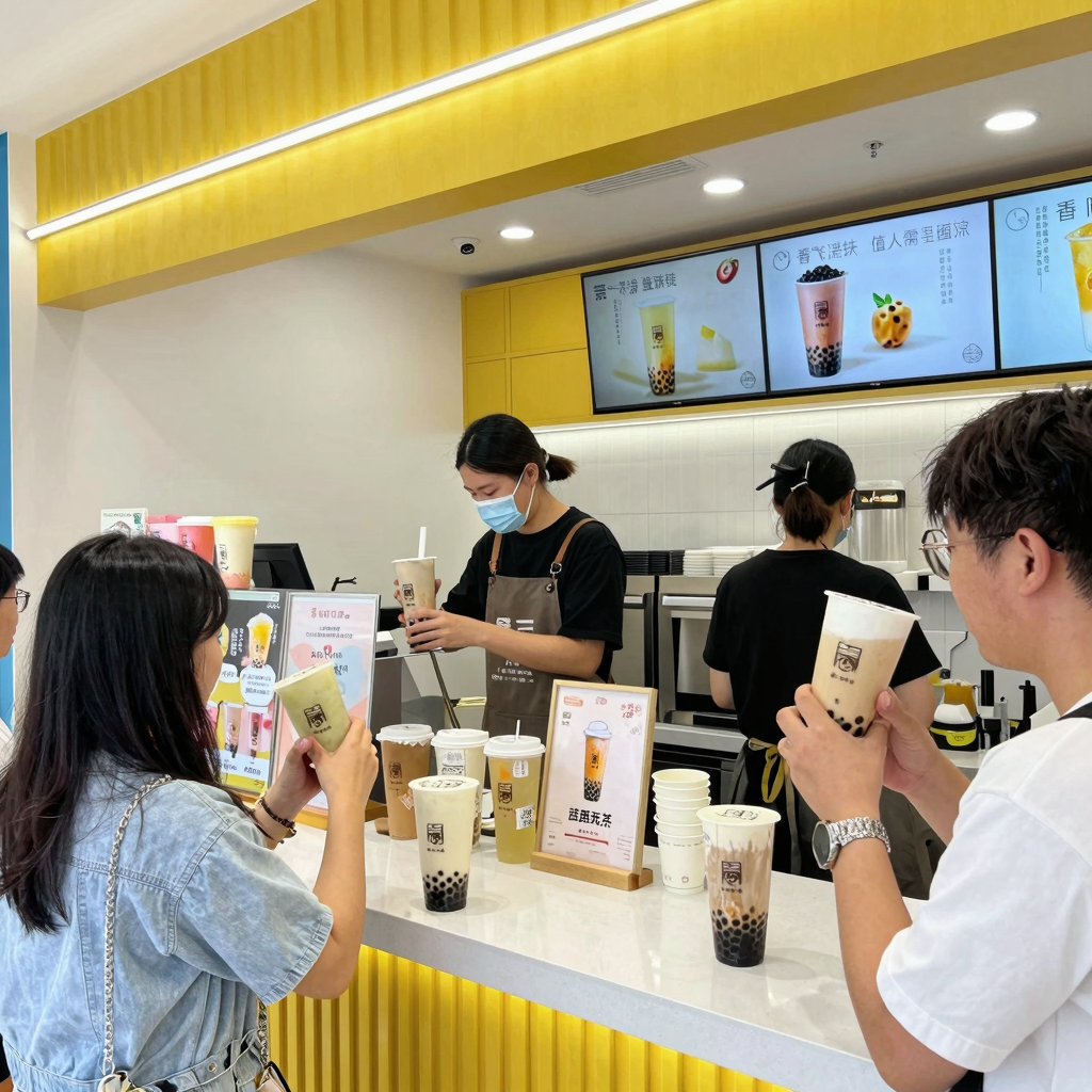Bubble tea shop with customers enjoying colorful drinks in high-quality plastic cups