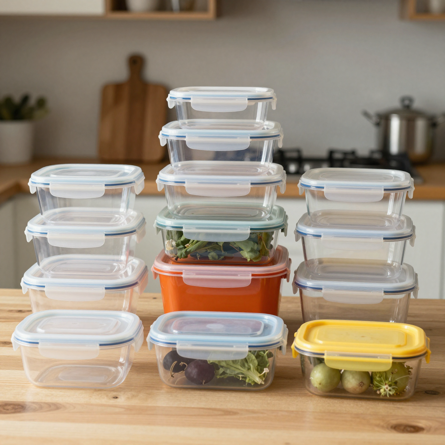 Variety of plastic food storage containers