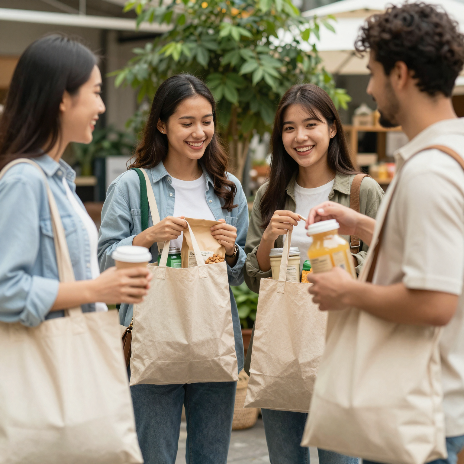 Eco-conscious consumers purchasing products with eco-friendly packaging