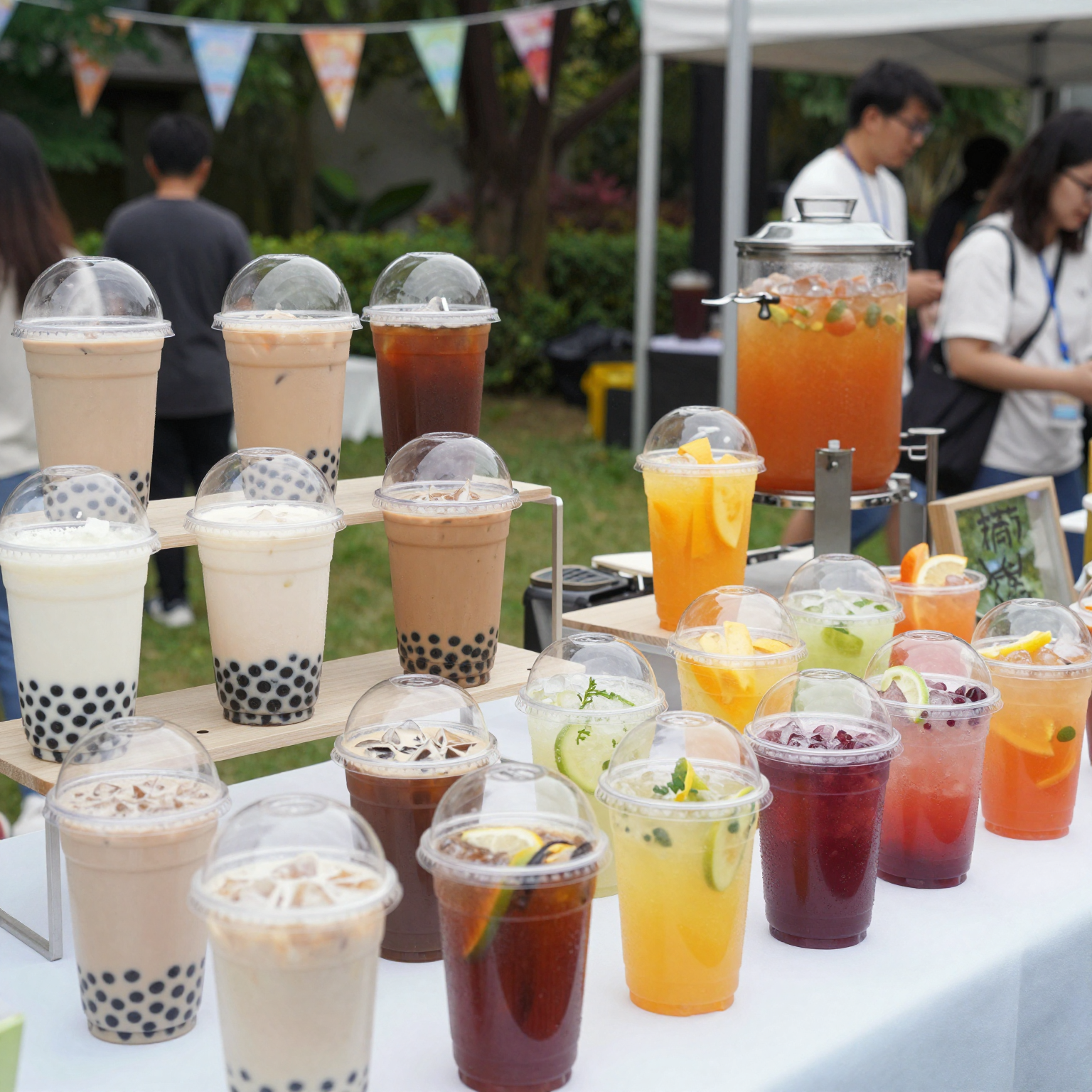 Different beverages served in square clear plastic dome cups at events