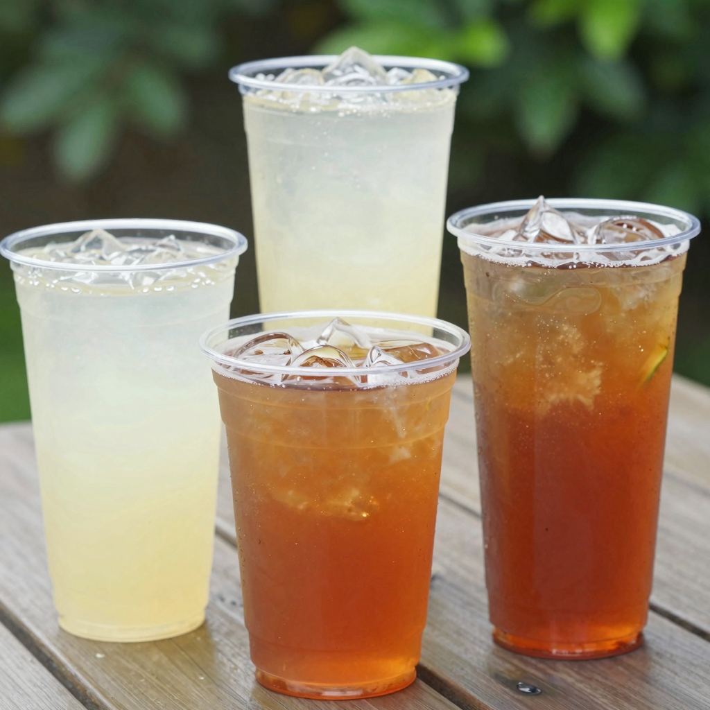 Colorful drinks in tall plastic cups