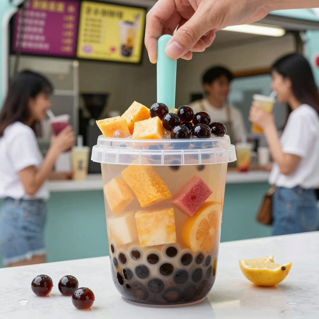 Plastic baby food container being reused in a bubble tea shop