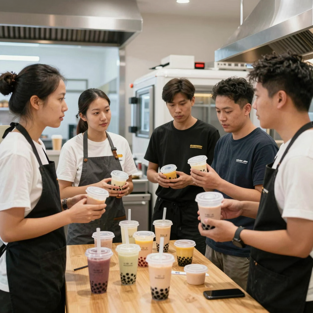 Business professionals discussing cost-saving strategies using plastic baby food containers