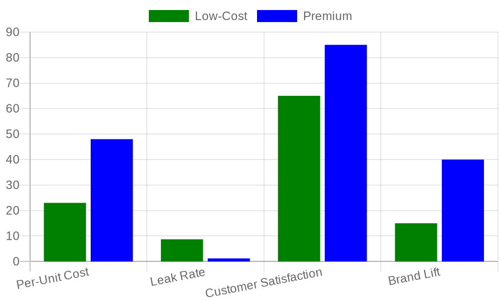 Chart comparing low-cost vs premium packaging across four factors