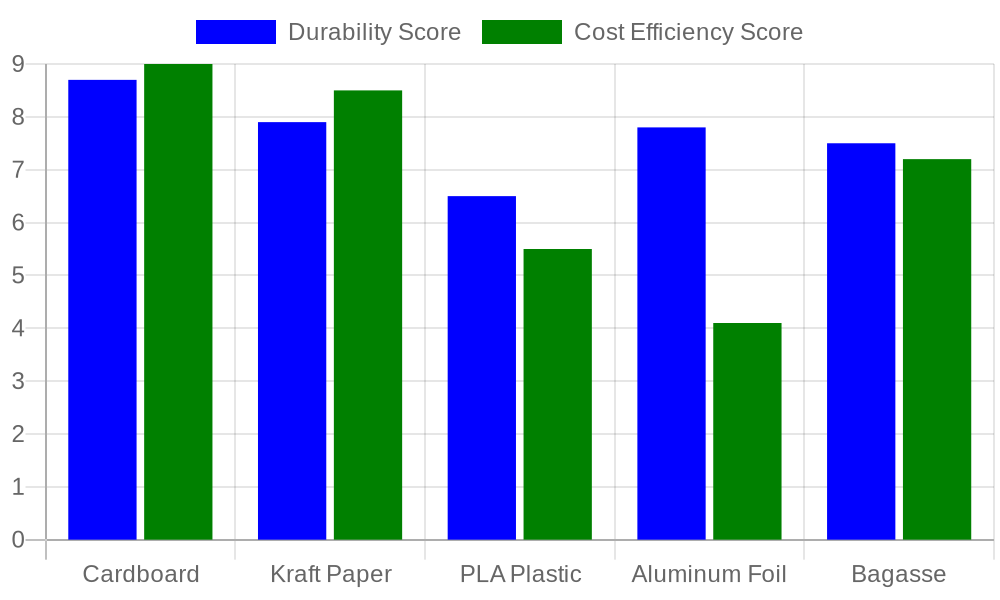 Bar chart comparing durability and cost efficiency scores of five packaging materials