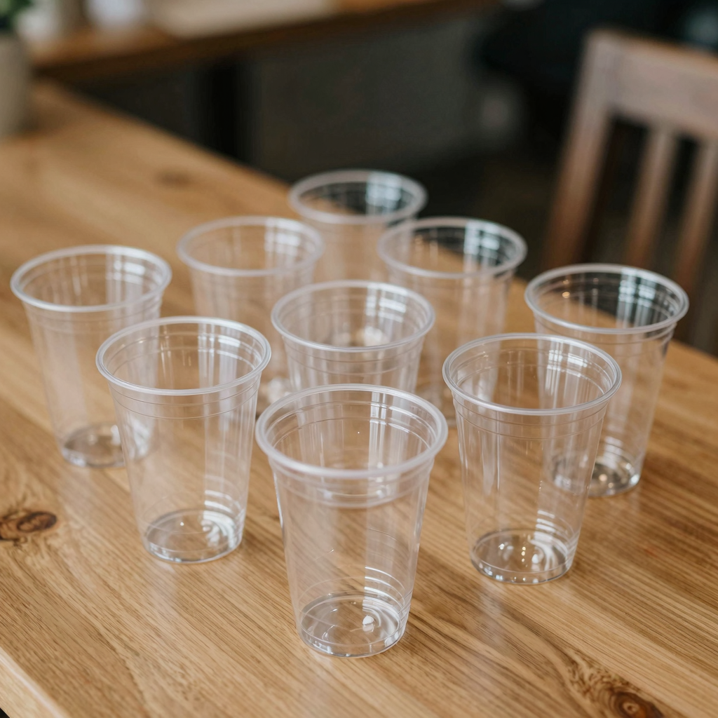 A variety of 12 oz clear plastic cups at an event or café