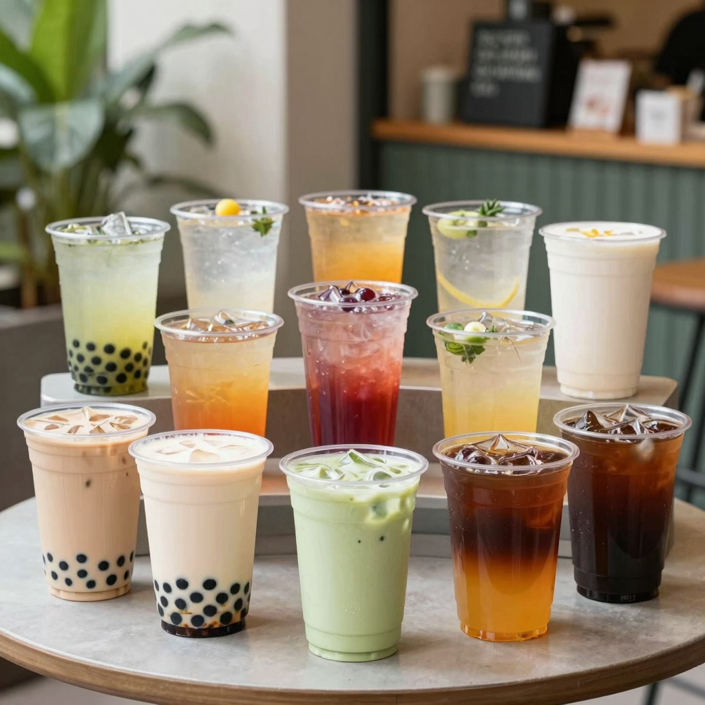 12 oz clear plastic cups with colorful beverages in an outdoor café setting