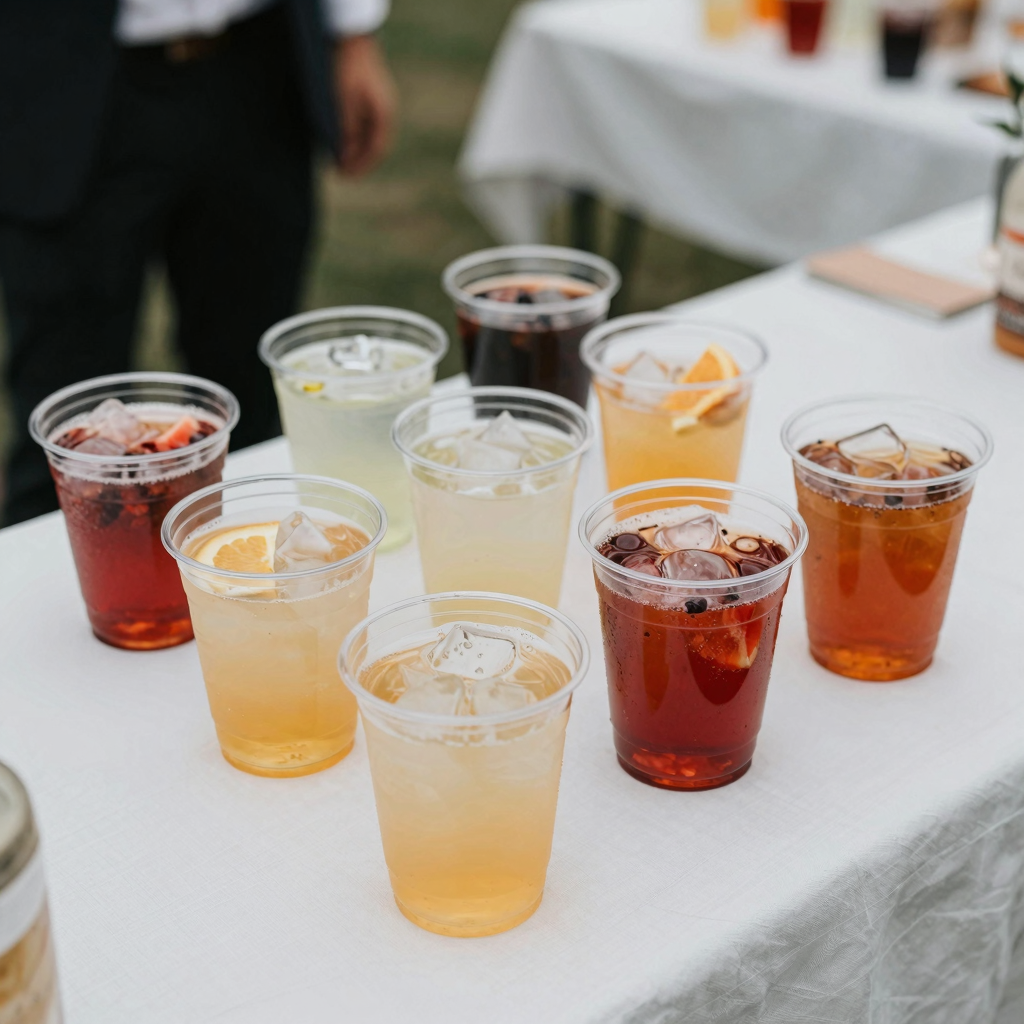 Clear plastic cocktail cups filled with colorful drinks on a festive table