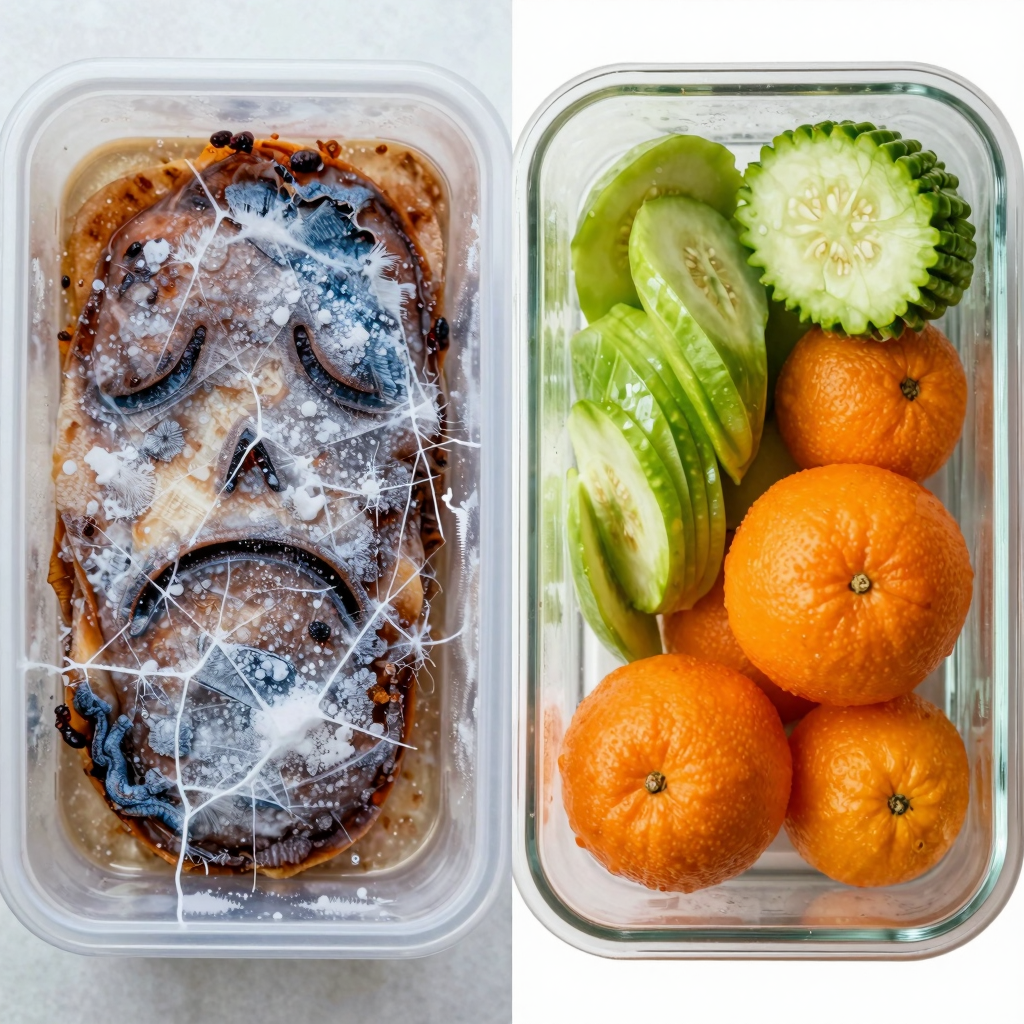 Comparison of freezer-burned food in plastic vs. well-preserved food in glass container.