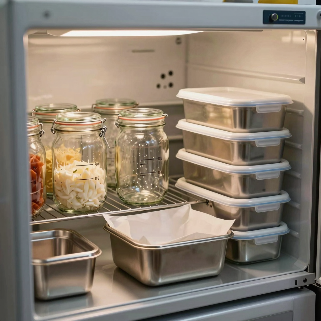 Commercial kitchen with glass jars, stainless steel containers, and parchment paper for freezing food