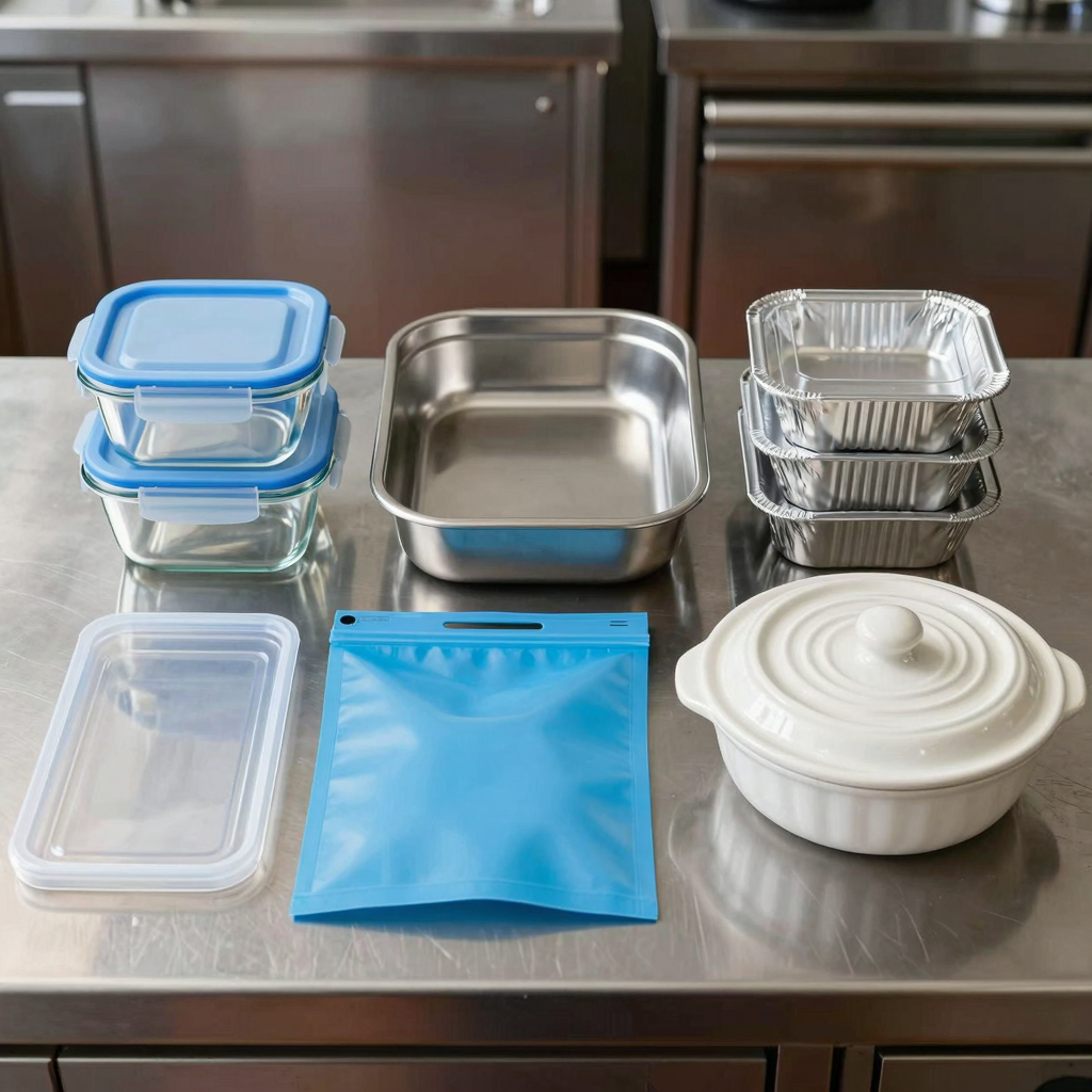 Five non-plastic freezer containers on a stainless steel commercial kitchen surface