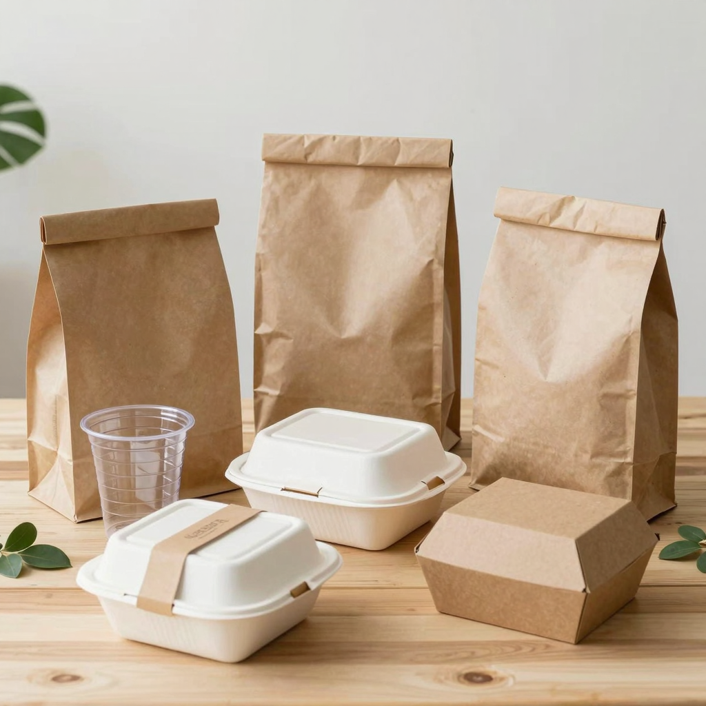 A collection of eco-friendly biodegradable food packaging items including bags, containers, and cups on a wooden table