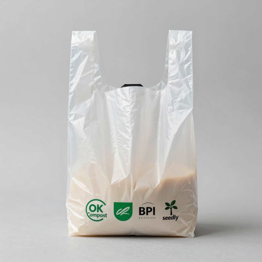 Certified biodegradable bag with compostability labels suitable for food packaging use