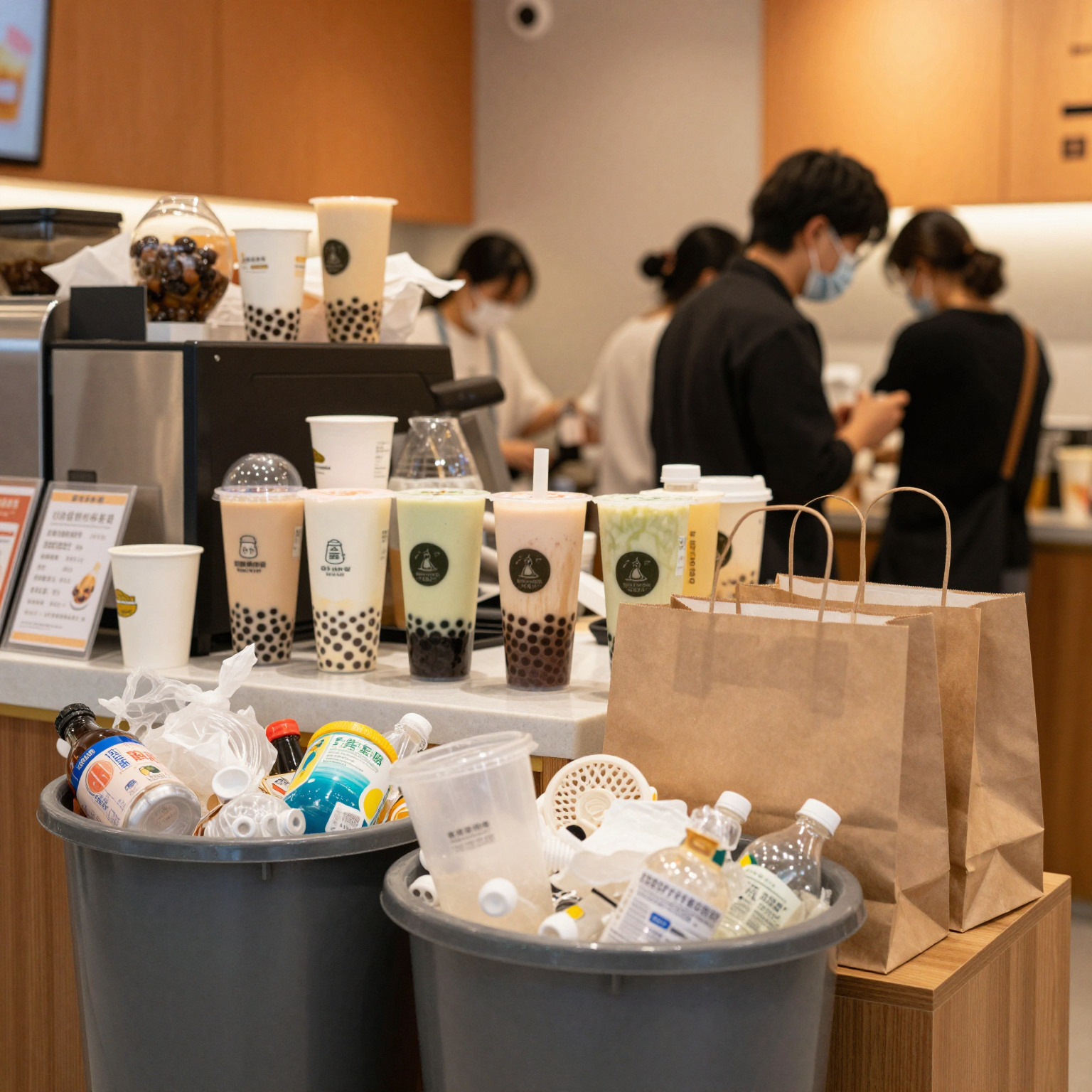 A bustling bubble tea shop during rush hour with overflowing bins and plastic waste scattered around, illustrating the waste challenge in food service