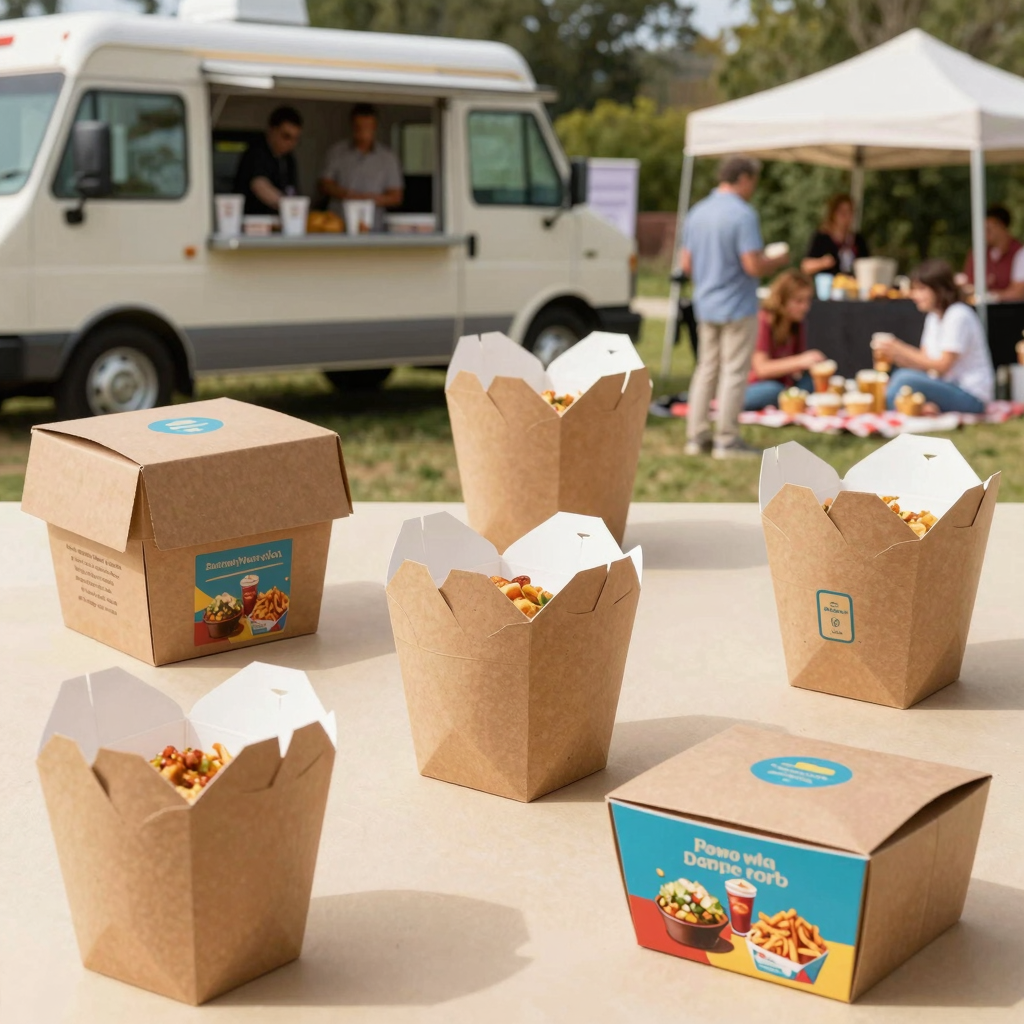 Various cardboard takeaway boxes in use at a food truck, restaurant, and event
